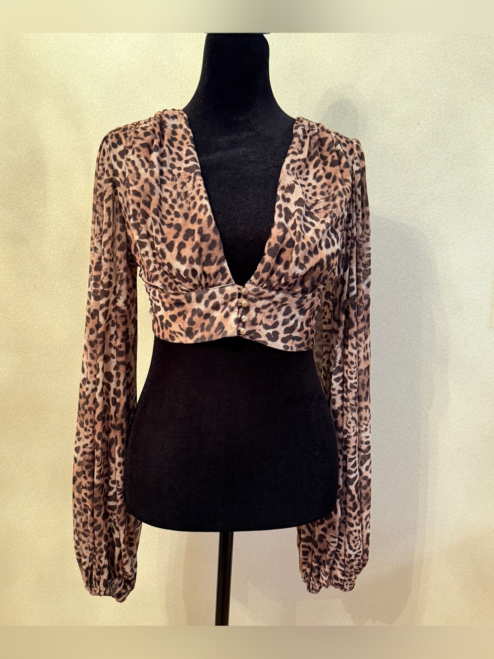 Leopard-Print Long Sleeve V-Neck Crop Top — Brown